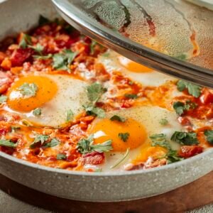 Shakshuka (Baked eggs with capsicum tomato sauce topped with parmesan on top)